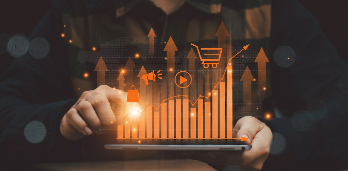 Gráficos de crescimento e indicadores de supply chain sobre tablet